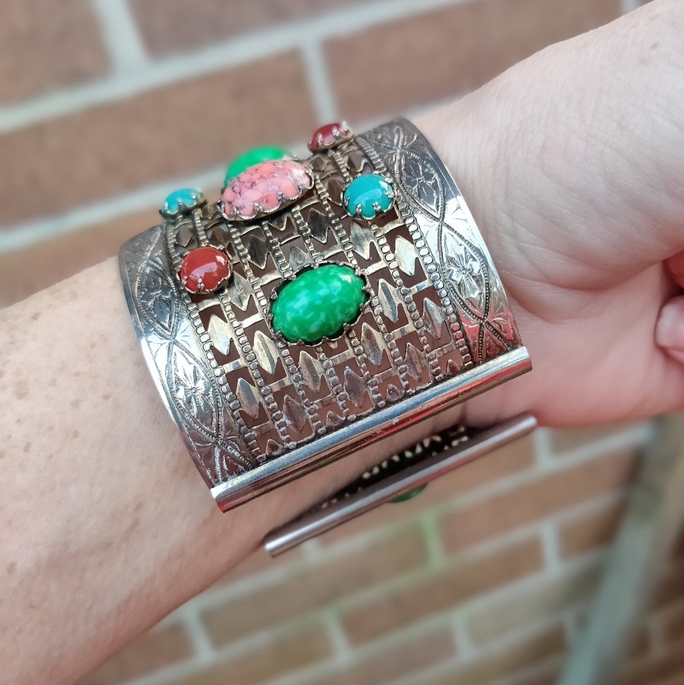 Rare vintage medieval style colorful gemstone wide cuff bracelet - Picture 3 of 6